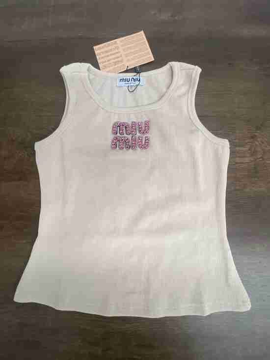 Miu Miu Tops - ⚡ Women Off‑White Fitted Knit Tank Top Pink Rhinestone Daily Layering Top